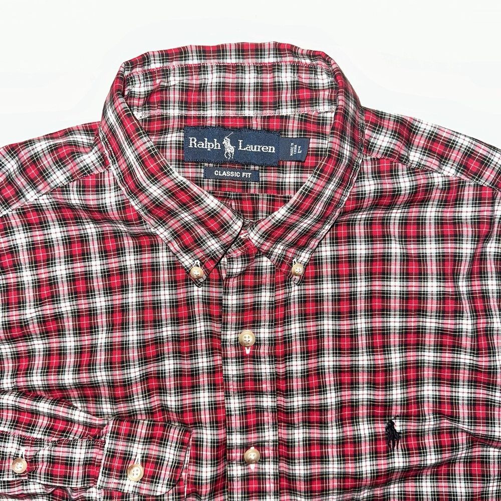 Ralph Lauren Shirt Mens Large Red Colorful Plaid Custom Fit Button Up Oxford